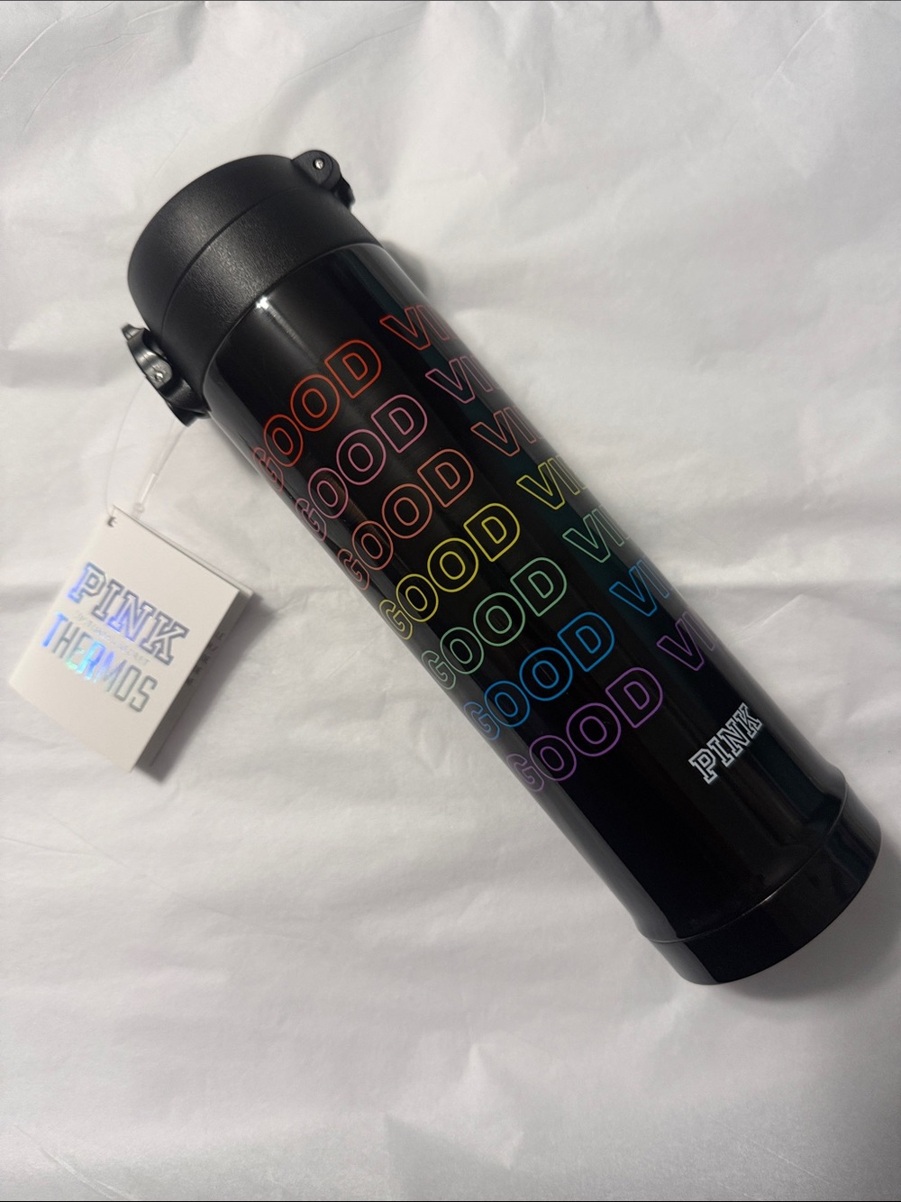 PINK Victoria Secret “Good Vibes” Black Thermos (15 oz.) NWT